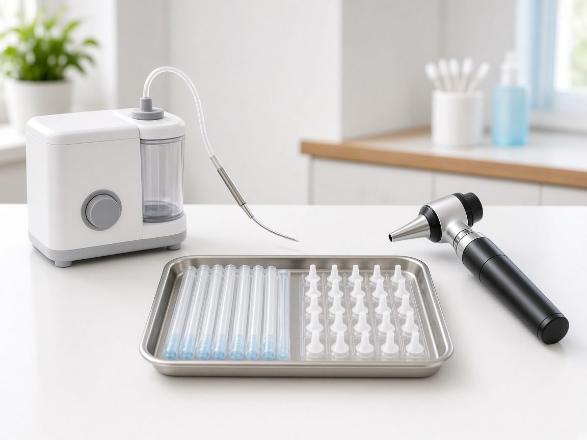 Ear wax removal equipment on a clinic counter: microsuction unit with suction tube, otoscope and sterile disposable tips