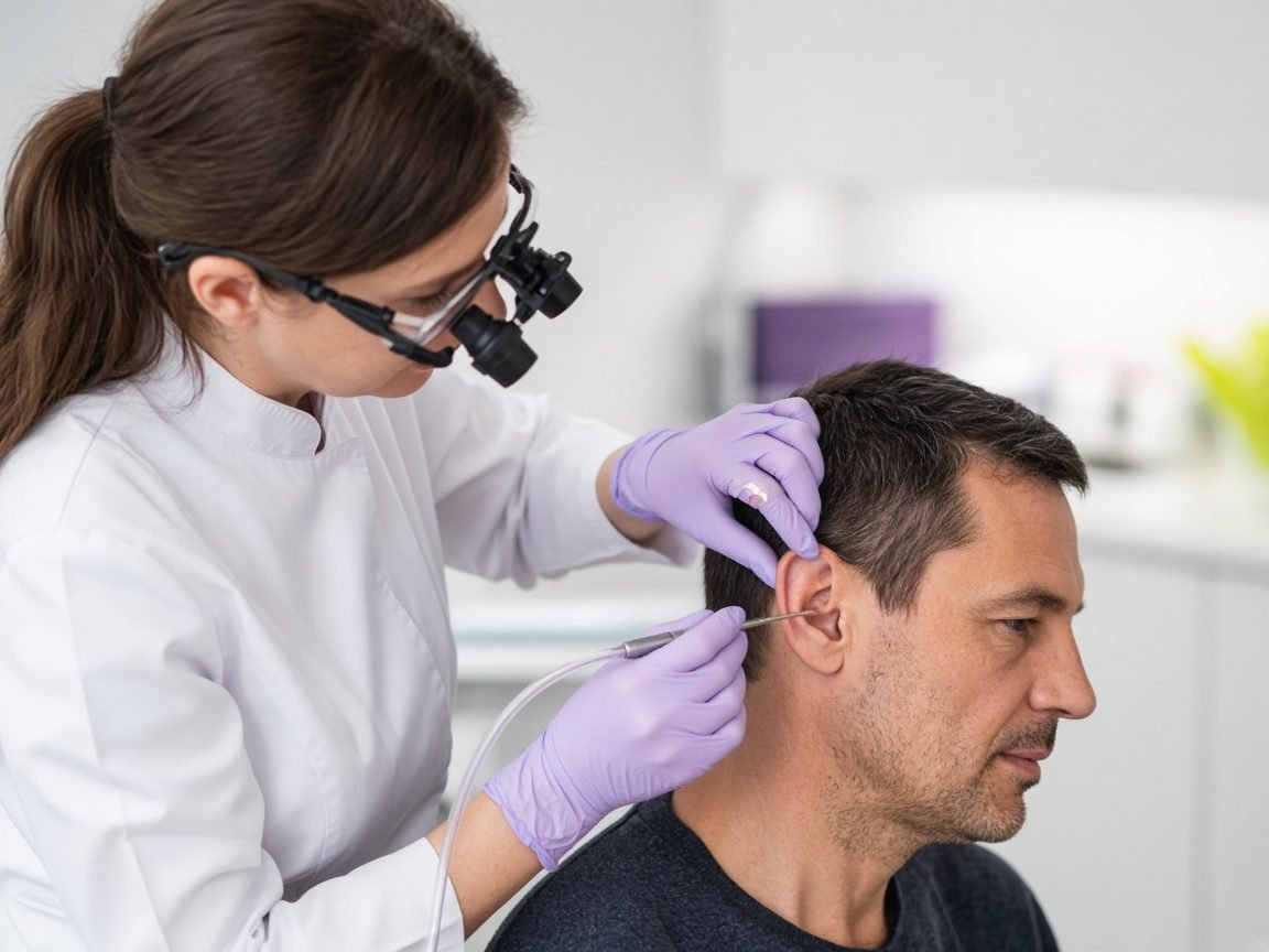 Audiologist wearing magnifying loupes removing ear wax from a patient's ear with a fine microsuction tube