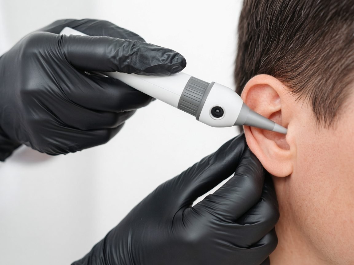 Close-up of a gloved clinician examining a patient's ear with an otoscope